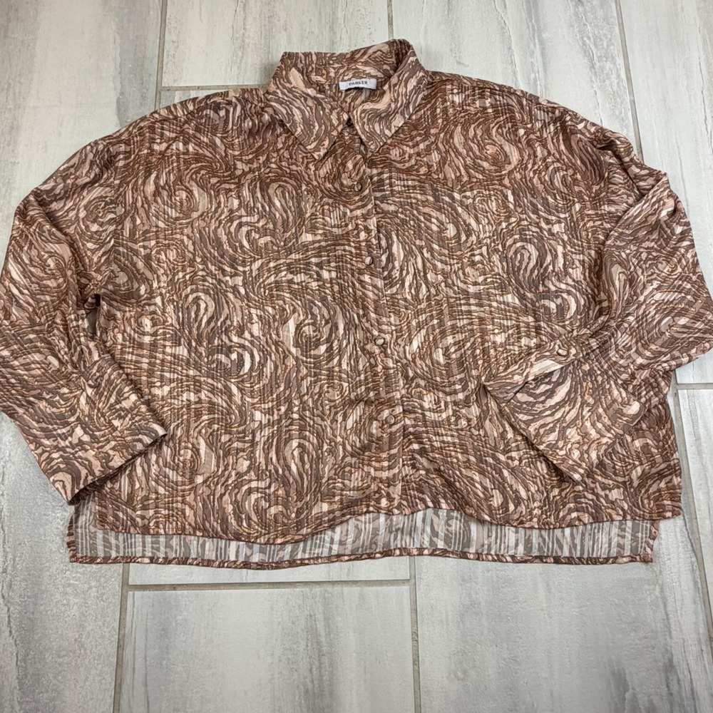 Parker Brown Swirl Metallic Pinstripe Button Down Blouse TK93111305Y Large